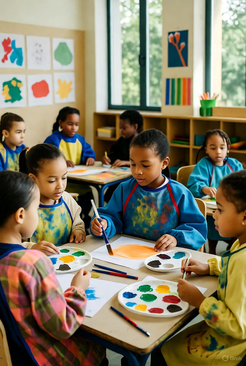 Children painting in class